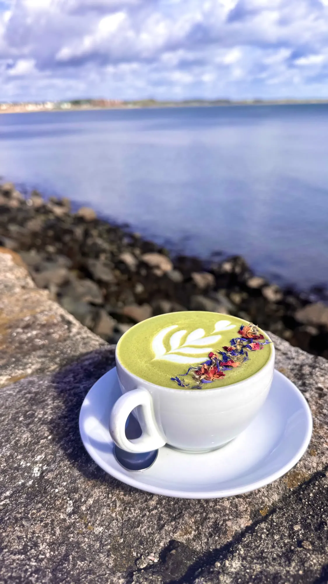 Matcha latte with edible flowers on the sea wall