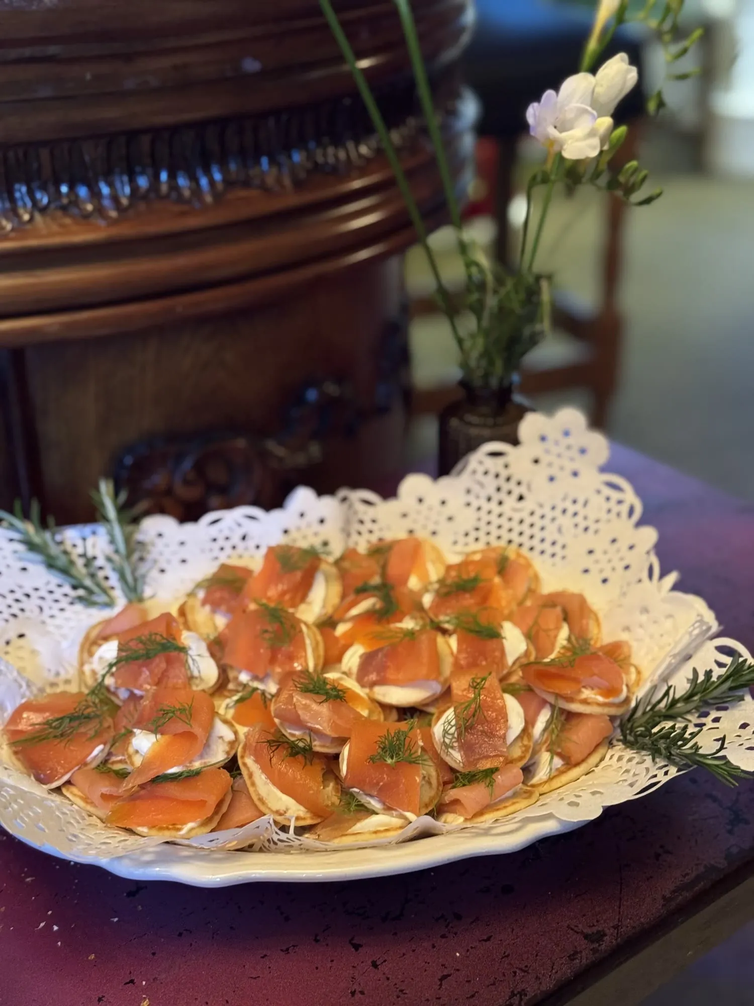 Smoked salmon canapés at a wine dinner evening